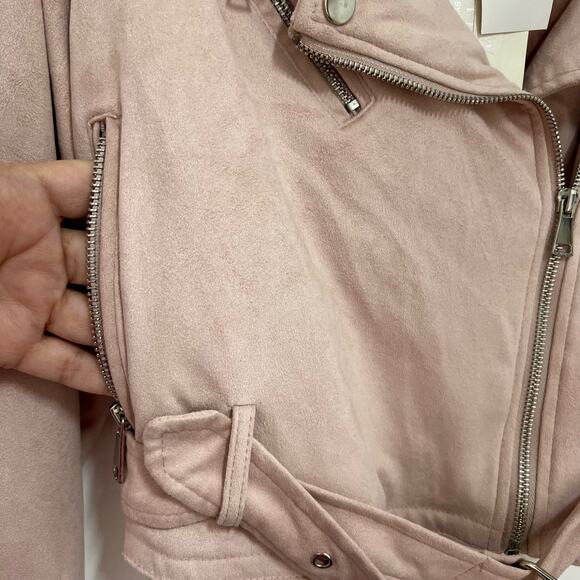 Ashley Outerwear Cropped Moto Jacket Pink Asymmetrical Zip Belt S Faux Suede Y2K - Picture 9 of 13